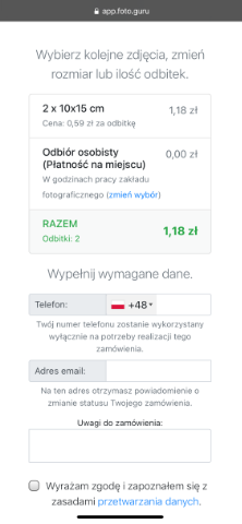 Wybór opcji dostawy/odbioru (telefon)