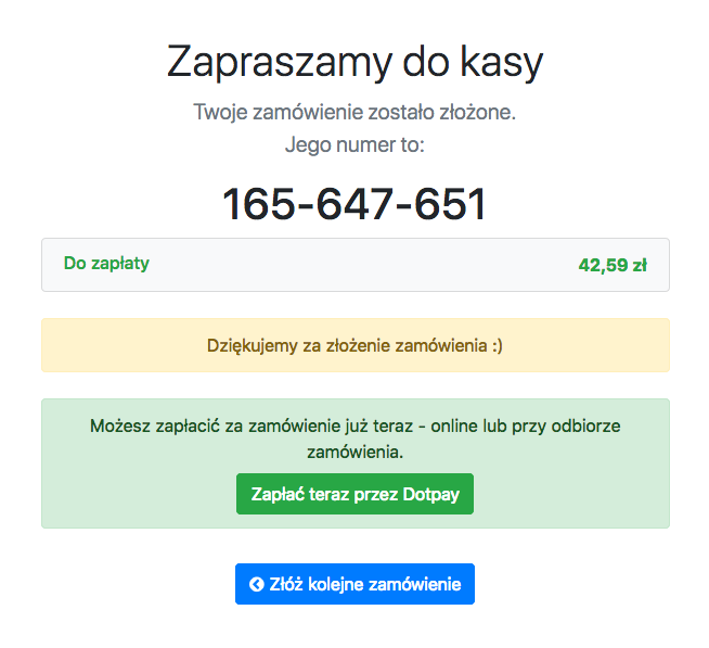 Potwierdzenie zamówienia z opcjonalną płatnością online