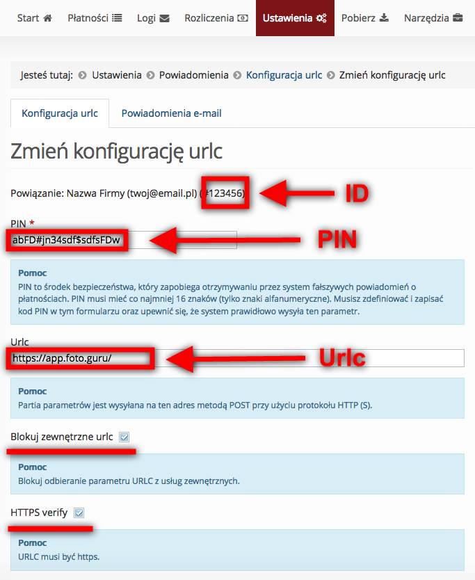 Ustawienia na stronie Dotpay