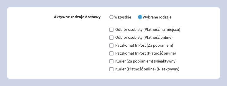 Aktywne rodzaje dostawy